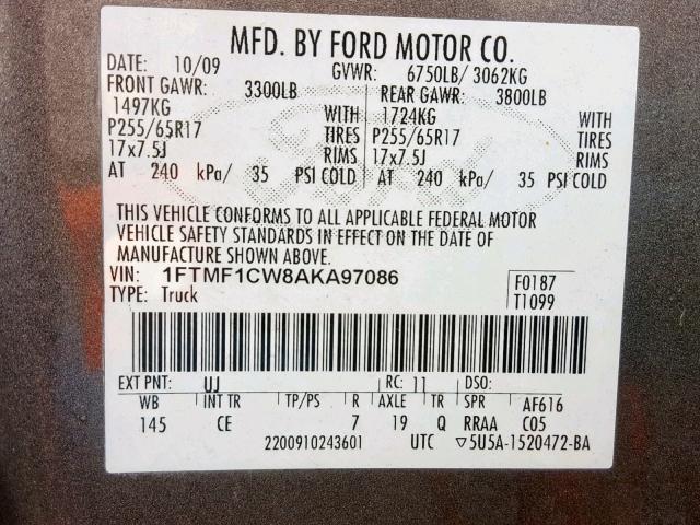 1FTMF1CW8AKA97086 - 2010 FORD F150 GRAY photo 10