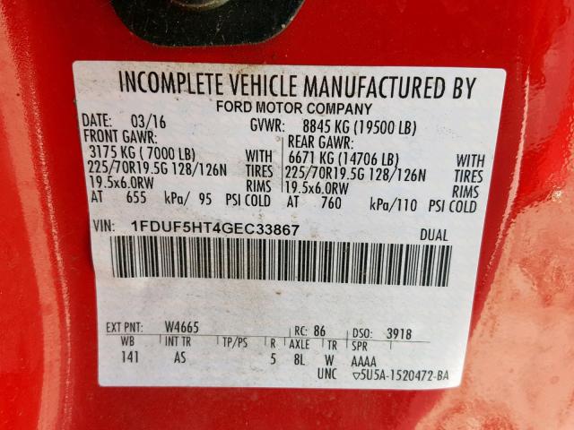 1FDUF5HT4GEC33867 - 2016 FORD F550 SUPER RED photo 10