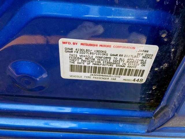 JA32X8HW4AU011572 - 2010 MITSUBISHI LANCER GTS BLUE photo 10