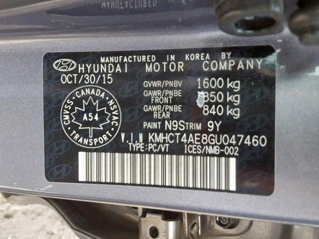 KMHCT4AE8GU047460 - 2016 HYUNDAI ACCENT SE GRAY photo 10