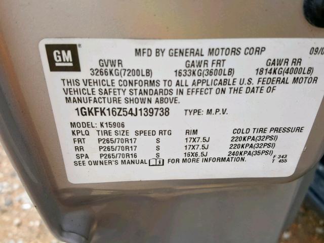 1GKFK16Z54J139738 - 2004 GMC YUKON XL K BEIGE photo 10