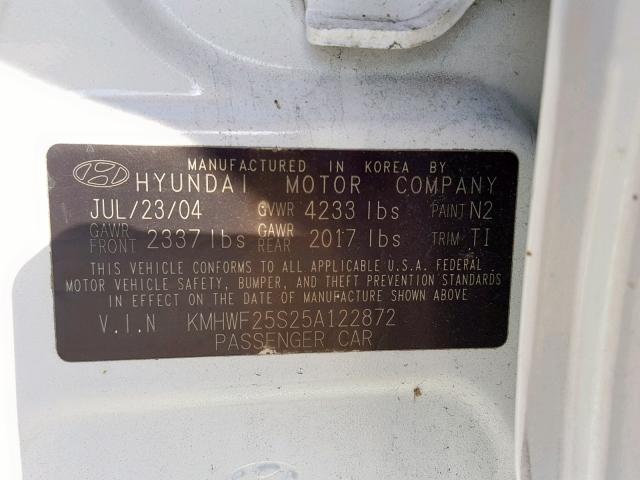 KMHWF25S25A122872 - 2005 HYUNDAI SONATA GL WHITE photo 10