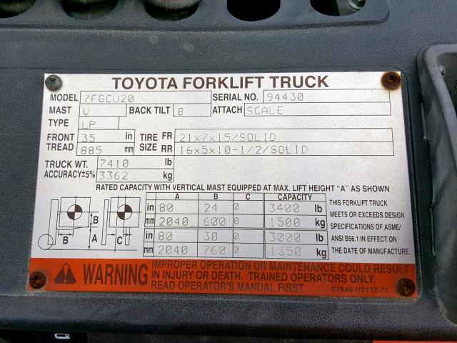 94430 - 2005 TOYOTA FORKLIFT ORANGE photo 10