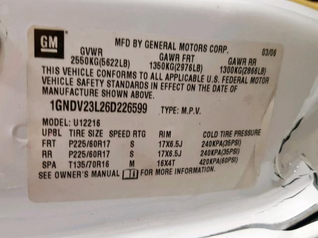 1GNDV23L26D226599 - 2006 CHEVROLET UPLANDER L WHITE photo 10