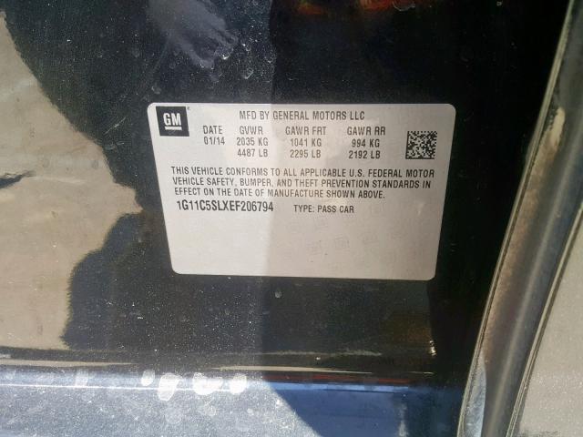 1G11C5SLXEF206794 - 2014 CHEVROLET MALIBU 1LT BLACK photo 10