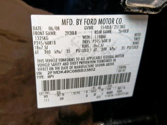 2FMDK49C08BB33802 - 2008 FORD EDGE LIMIT BLACK photo 10