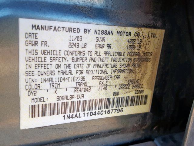 1N4AL11D44C167796 - 2004 NISSAN ALTIMA BAS GREEN photo 10