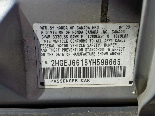 2HGEJ6615YH598665 - 2000 HONDA CIVIC BASE  photo 10