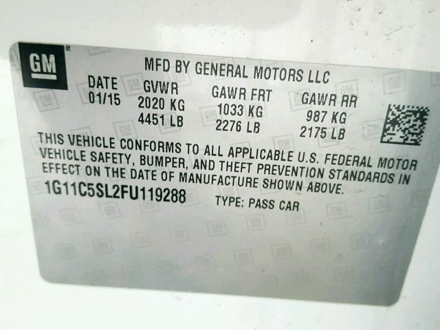 1G11C5SL2FU119288 - 2015 CHEVROLET MALIBU 1LT WHITE photo 10