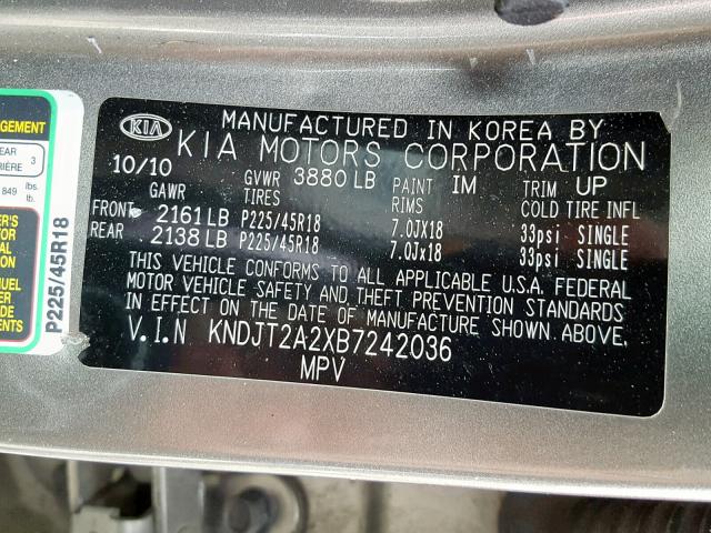 KNDJT2A2XB7242036 - 2011 KIA SOUL +/!/S GRAY photo 10