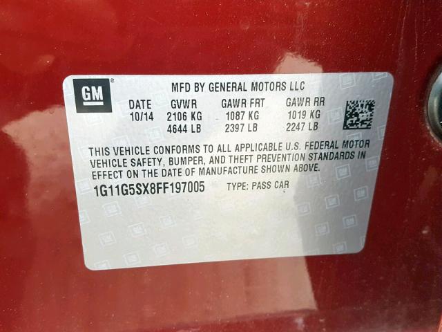 1G11G5SX8FF197005 - 2015 CHEVROLET MALIBU LTZ 红色 照片 10