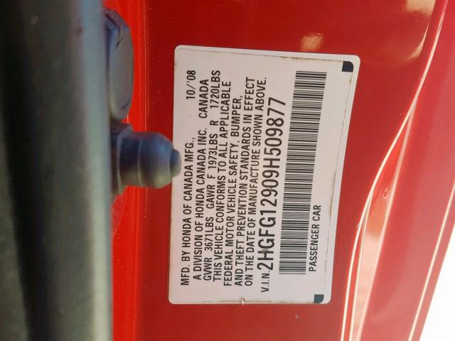 2HGFG12909H509877 - 2009 HONDA CIVIC EXL RED photo 10