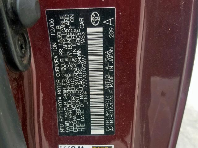 JTKDE177770197697 - 2007 TOYOTA SCION TC BURGUNDY photo 10