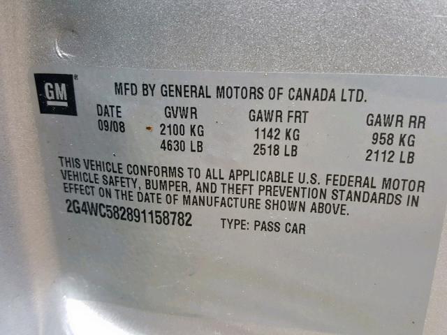 2G4WC582891158782 - 2009 BUICK LACROSSE C SILVER photo 10