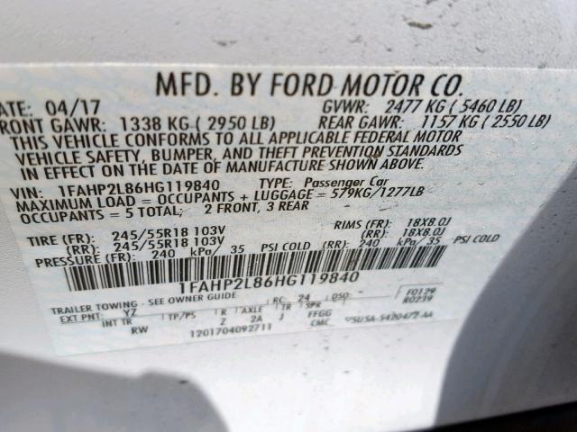 1FAHP2L86HG119840 - 2017 FORD TAURUS POL WHITE photo 10