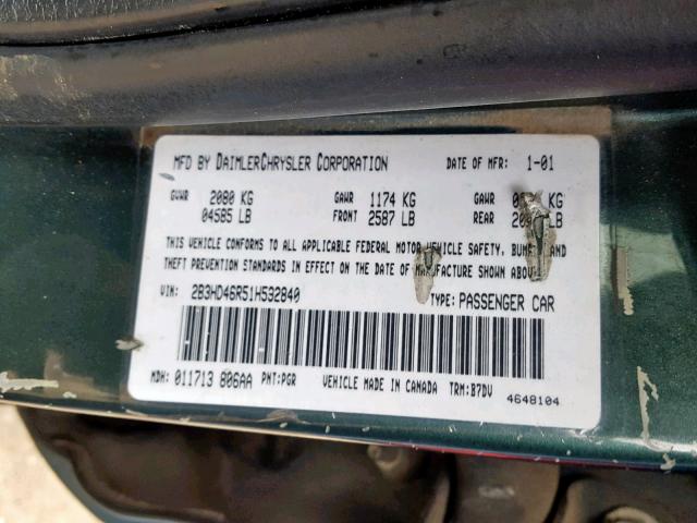 2B3HD46R51H592840 - 2001 DODGE INTREPID S მწვანე ფოტო 10