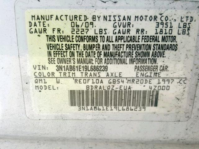 3N1AB61E19L686239 - 2009 NISSAN SENTRA 2.0 WHITE photo 10