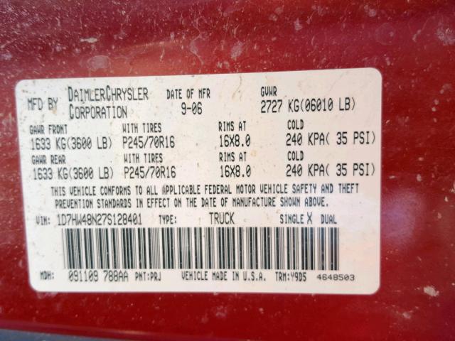 1D7HW48N27S128401 - 2007 DODGE DAKOTA QUA RED photo 10