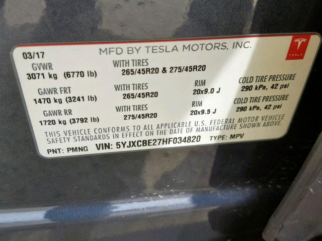 5YJXCBE27HF034820 - 2017 TESLA MODEL X GRAY photo 10