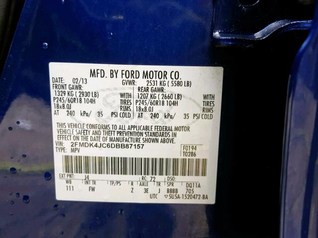 2FMDK4JC6DBB87157 - 2013 FORD EDGE SEL BLUE photo 10