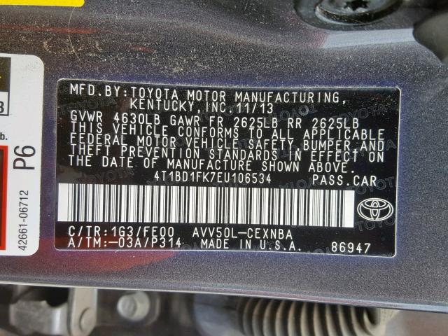 4T1BD1FK7EU106534 - 2014 TOYOTA CAMRY HYBR GRAY photo 10