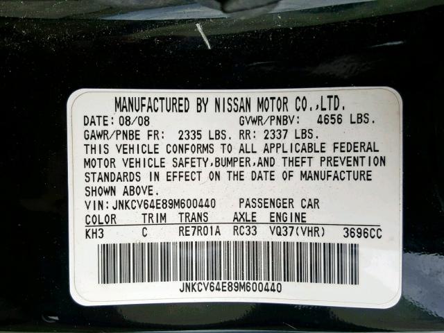 JNKCV64E89M600440 - 2009 INFINITI G37 BASE BLACK photo 10