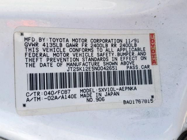 JT2SK12E5N0042651 - 1992 TOYOTA CAMRY LE WHITE photo 10