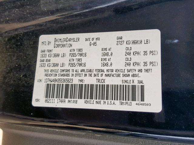 1D7HW48N35S365623 - 2005 DODGE DAKOTA QUA BLACK photo 10