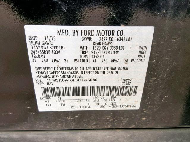 1FM5K8AR4GGB65686 - 2016 FORD EXPLORER P BLACK photo 10