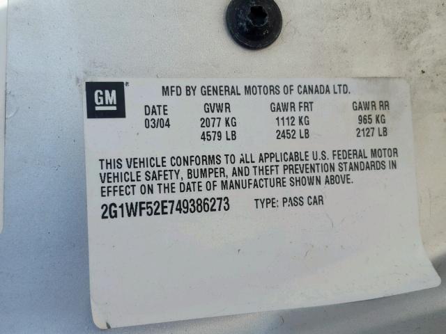 2G1WF52E749386273 - 2004 CHEVROLET IMPALA SILVER photo 10