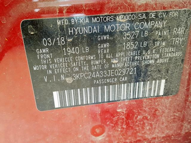 3KPC24A33JE029721 - 2018 HYUNDAI ACCENT SE RED photo 10