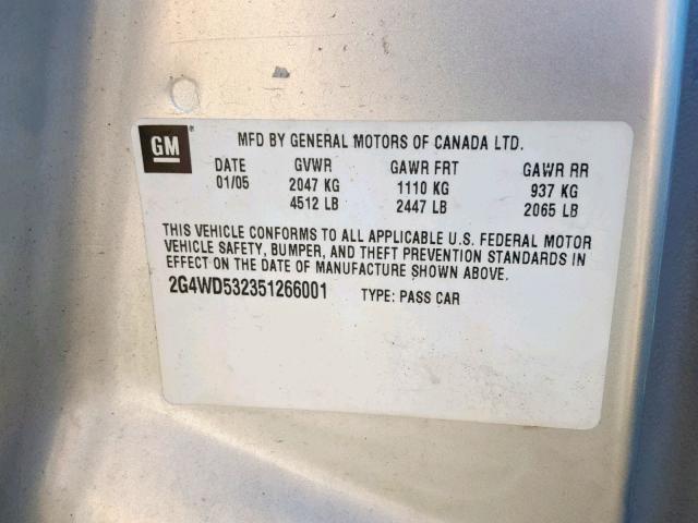 2G4WD532351266001 - 2005 BUICK LACROSSE C GRAY photo 10