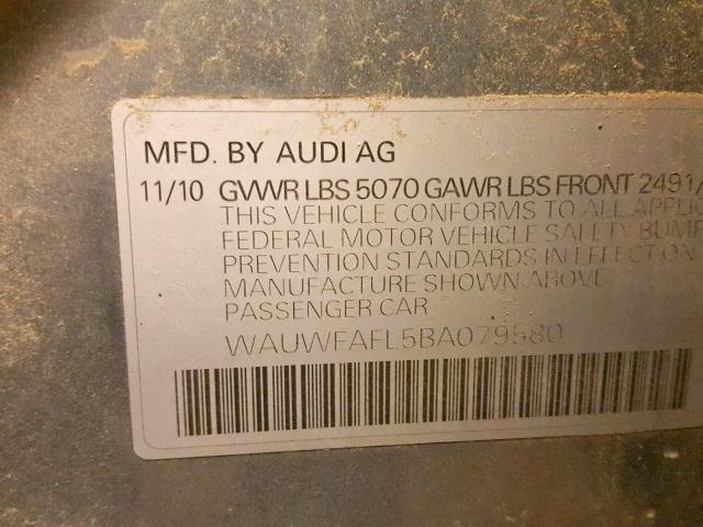 WAUWFAFL5BA079580 - 2011 AUDI A4 PREMIUM SILVER photo 10