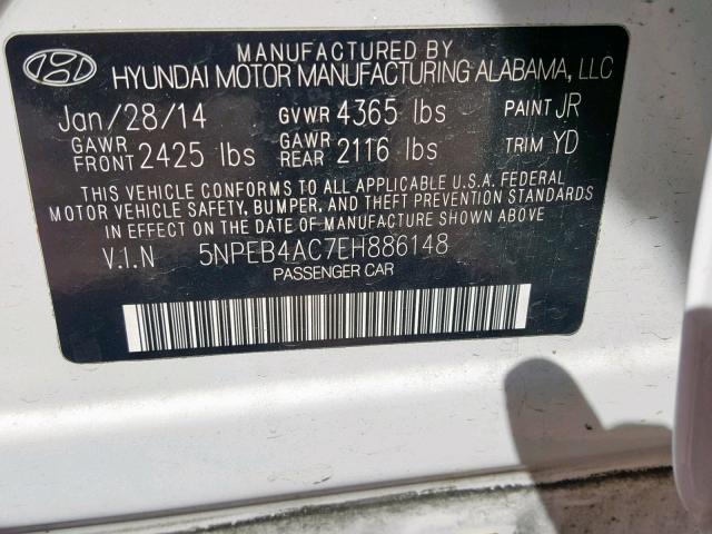 5NPEB4AC7EH886148 - 2014 HYUNDAI SONATA GLS WHITE photo 10