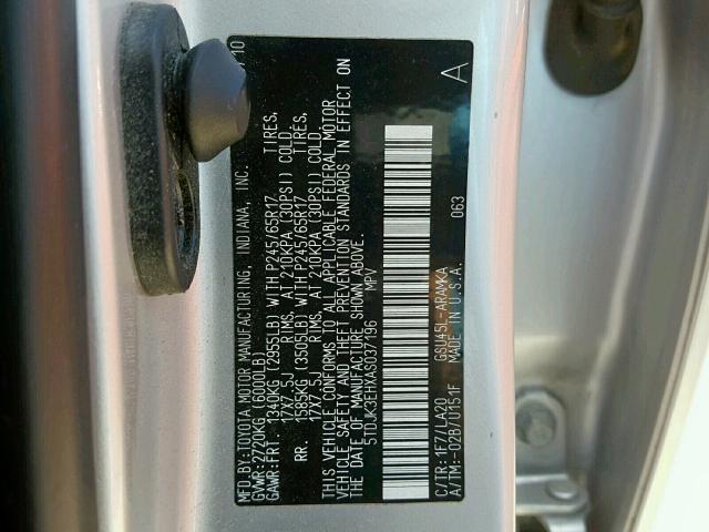 5TDJK3EHXAS037196 - 2010 TOYOTA HIGHLANDER SILVER photo 10