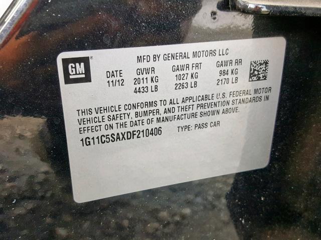 1G11C5SAXDF210406 - 2013 CHEVROLET MALIBU 1LT შავი ფოტო 10