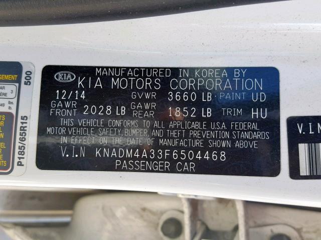 KNADM4A33F6504468 - 2015 KIA RIO LX WHITE photo 10