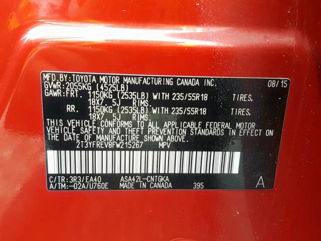 2T3YFREV8FW215267 - 2015 TOYOTA RAV4 LIMIT RED photo 10