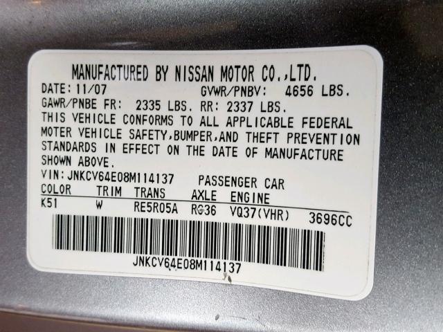 JNKCV64E08M114137 - 2008 INFINITI G37 BASE GRAY photo 10