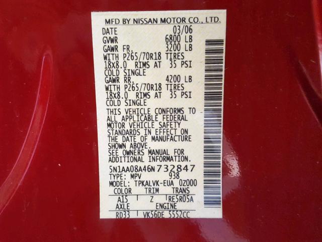 5N1AA08A46N732847 - 2006 NISSAN ARMADA SE RED photo 10