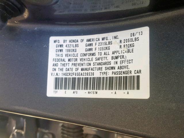 1HGCR2F85EA039536 - 2014 HONDA ACCORD EXL GRAY photo 10