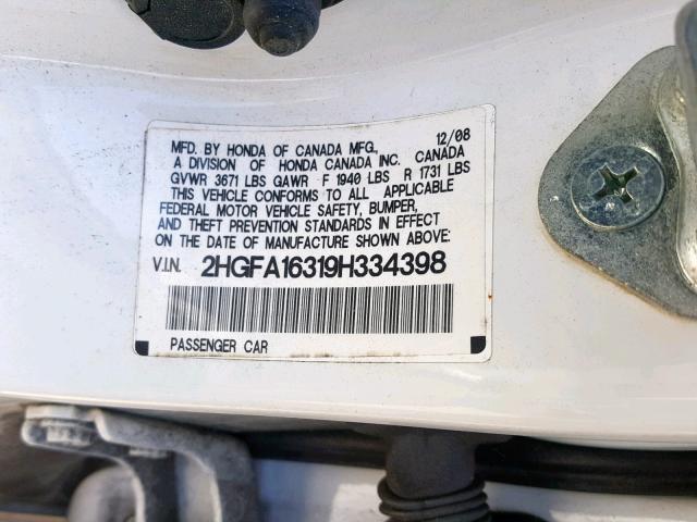 2HGFA16319H334398 - 2009 HONDA CIVIC VP WHITE photo 10