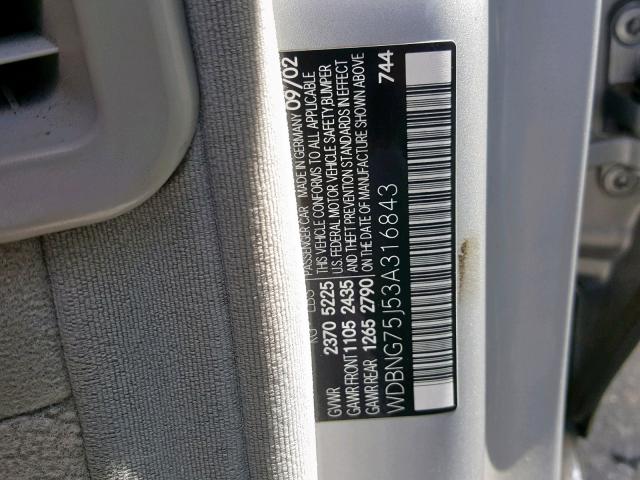 WDBNG75J53A316843 - 2003 MERCEDES-BENZ S 500 SILVER photo 10