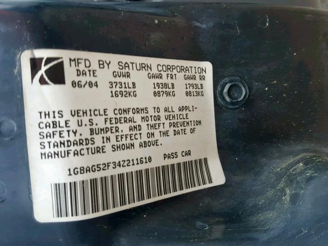 1G8AG52F34Z211610 - 2004 SATURN ION LEVEL GRAY photo 10