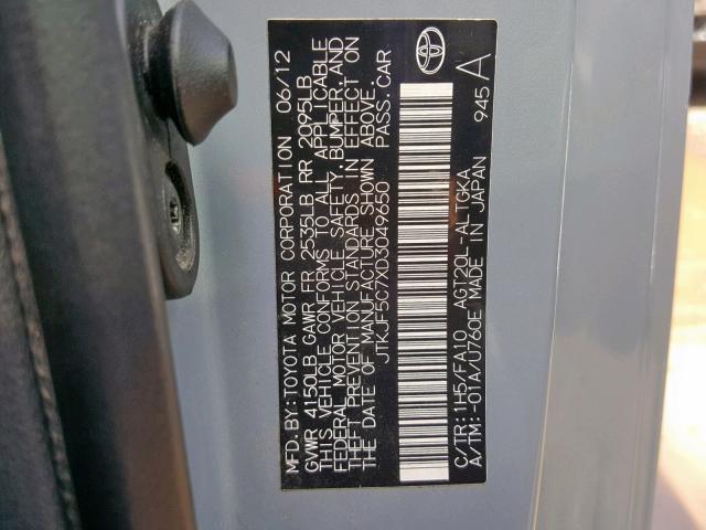 JTKJF5C7XD3049650 - 2013 TOYOTA SCION TC BLUE photo 10