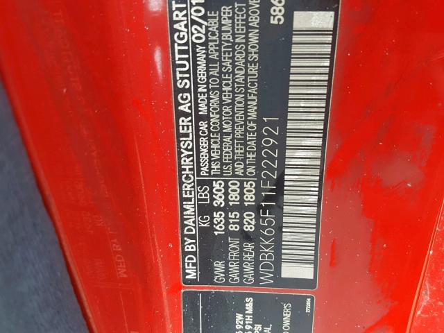 WDBKK65F11F222921 - 2001 MERCEDES-BENZ SLK 320 RED photo 10