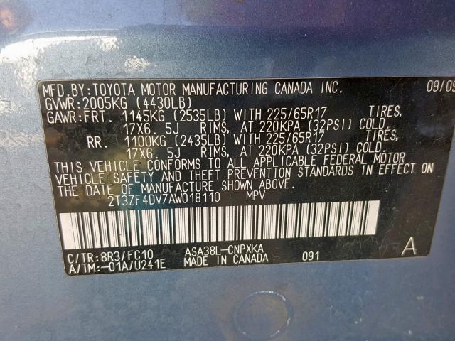 2T3ZF4DV7AW018110 - 2010 TOYOTA RAV4 BLUE photo 10