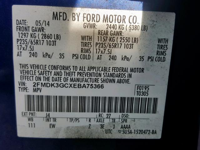 2FMDK3GCXEBA75366 - 2014 FORD EDGE SE BLUE photo 10