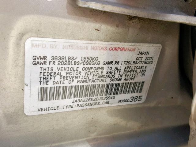 JA3AJ26E22U035942 - 2002 MITSUBISHI LANCER ES GOLD photo 10