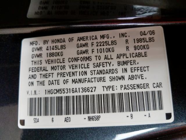 1HGCM55316A136627 - 2006 HONDA ACCORD SE  photo 10